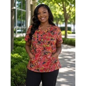 Scrub Station Women's VS Collection V Neck Red Paisley Print Scrub Top New SMALL